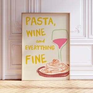 Hand Drawn Pasta and Wine Print, Spaghetti and Wine Italian Food Poster, Pasta Lovers Print, Pasta and Wine Club Print, Foodie Drawing