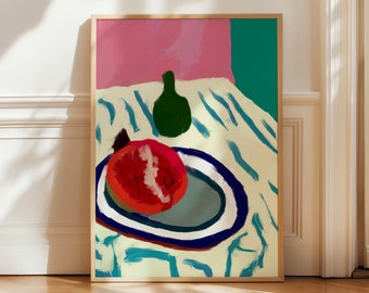 Pomegranate Print, Hand Drawn Fruit Illustration, Modern Kitchen and Dining Room Wall Art, Kitchen Still Life, Retro Food Poster, Printable