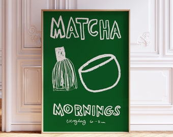 Matcha Mornings Poster, Retro Drink Art, Cafe Poster, Matcha Latte Print, Trendy Green Print, Mid Century, Matcha Sketch, Kitchen Print