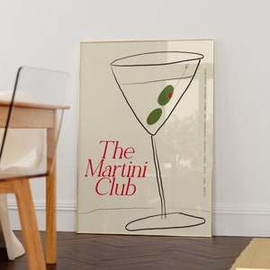 Martini Club-print, handgetekende print, retro cocktailposter, martinikunst voor barwagens, vintage drankje print, met de hand geïllustreerde martini-poster