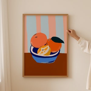 Oranges Poster, Oranges in Bowl Print, Vintage Fruit Poster, Still Life Kitchen Wall Art, Citrus Fruit Print, Botanical Food Illustration