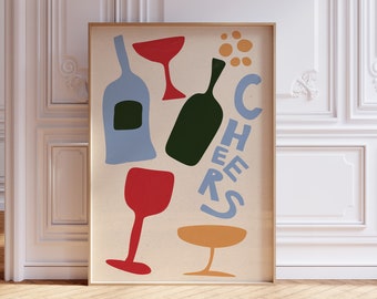 Cheers Print, Wine Glasses Cheers Poster, Bar Cart Art, Hand Drawn Cocktail Wall Art, Cin Cin Print, Retro Wine Print, Vintage Drink Poster