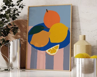 Lemons and Oranges Fruit Art Print, Colorful Modern Kitchen Wall Art, Aesthetic Food Art Print, Citrus Fruit Print, Retro Fruit Still Life