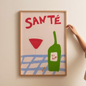 Sante-print, handgetekende schets, retro wijnposter, print uit het midden van de eeuw, trendy barwagenposter, wijnprint, cheers-print, vintage drankje print