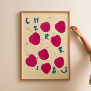 Cherries Print, Fresh Cherries Poster, Fruit Poster, Mid Century, Aesthetic Wall Art, Pop Art Print, Typography Poster, Fruit Print, Digital