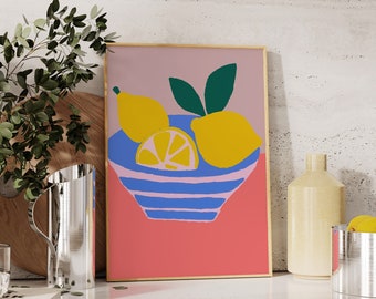 Lemon Art Print, Trendy Kitchen Wall Art, Food Print, Fruit Poster, Hand Drawn Colorful Modern Kitchen Dining Room Art, Printable Wall Art