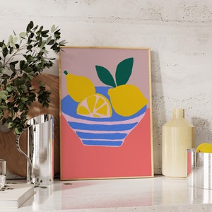 Lámina artística de limón, arte moderno para la pared de la cocina, lámina de comida, póster de frutas, arte moderno y colorido dibujado a mano para la cocina y el comedor, arte mural imprimible