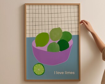 Limes Poster, Dakota I Love Limes Print, Modern Kitchen Decor, Fruit Poster, Citrus Fruit Print, Retro Art Print, Trendy Food Illustration