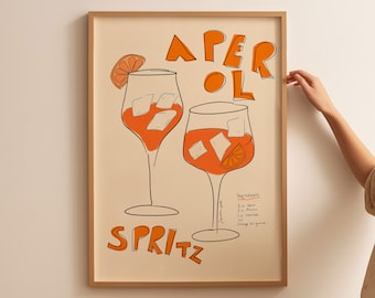 Impression Aperol Spritz, affiche de boisson rétro, art mural chariot de bar, affiche cocktail, impression de cuisine dessinée à la main, milieu du siècle, impression sur alcool, numérique