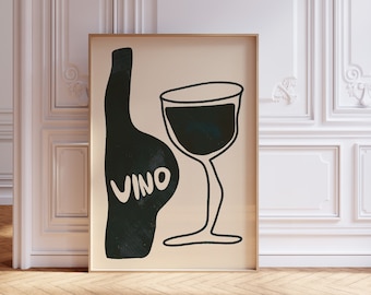 Vino Wall Art, Vintage Wine Print, Retro Cocktail Poster, Bar Cart Poster, Wine Glass Bottle Art Print, Hand Drawn Wine Poster, Printable