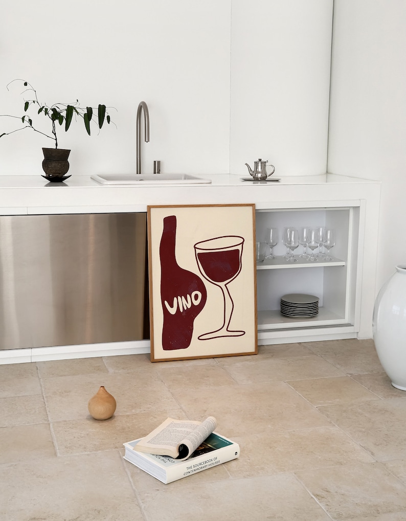 Vino Wall Art, Wine Glass and Bottle Art Print, Retro Cocktail Poster