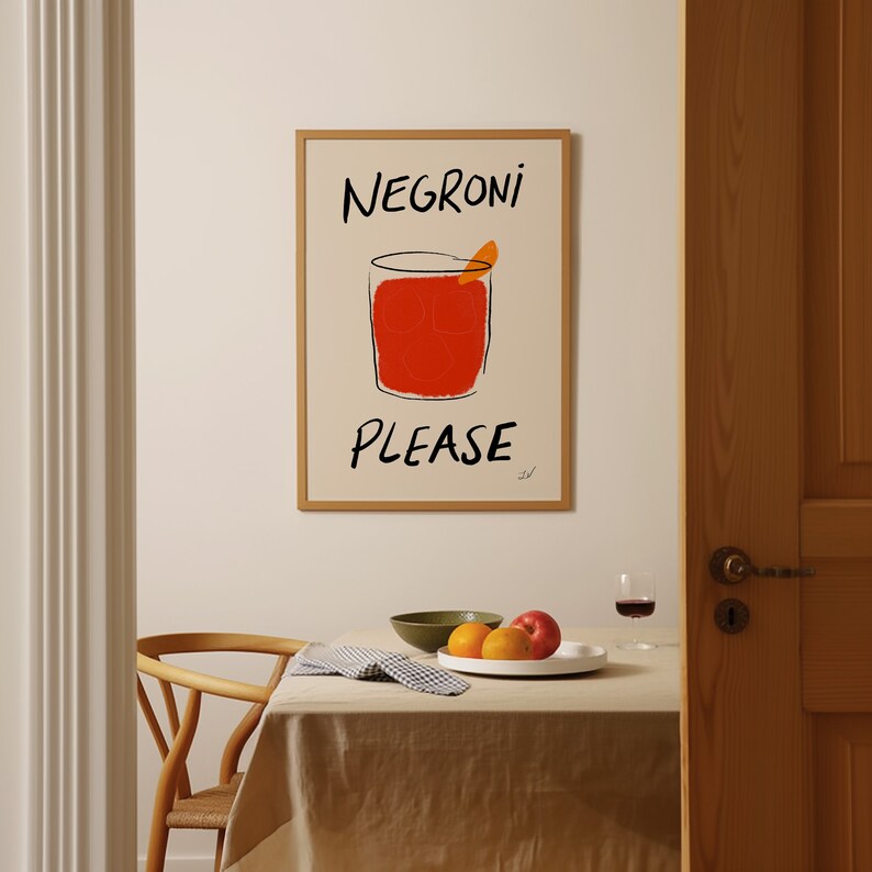 Bar Cart Print, Negroni Cocktail Wall Art, Kitchen Print, Apartment Decor, Retro Wall Art, Negroni Cocktail Poster, Alcohol Print, Modern Home Decor, Vintage Food Print, Trendy Retro Print, Drink Illustration, Mid Century Print, Italian Print