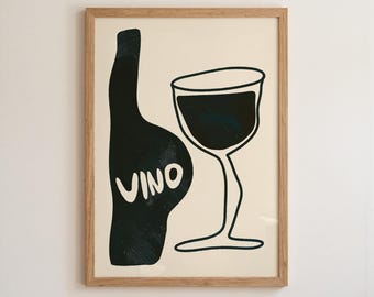 Lámina retro de vino, arte vinícola moderno de mediados de siglo (descarga digital)