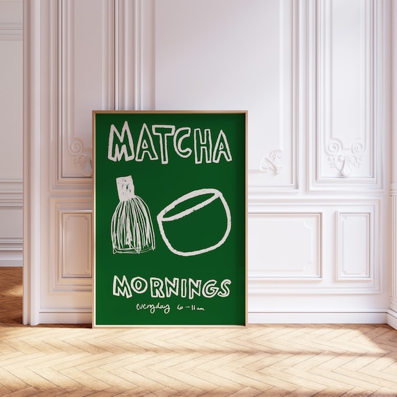 Matcha Mornings Poster, Retro Drink Art, Cafe Poster, Matcha Latte Print, Trendy Green Print, Mid Century, Matcha Sketch, Kitchen Print