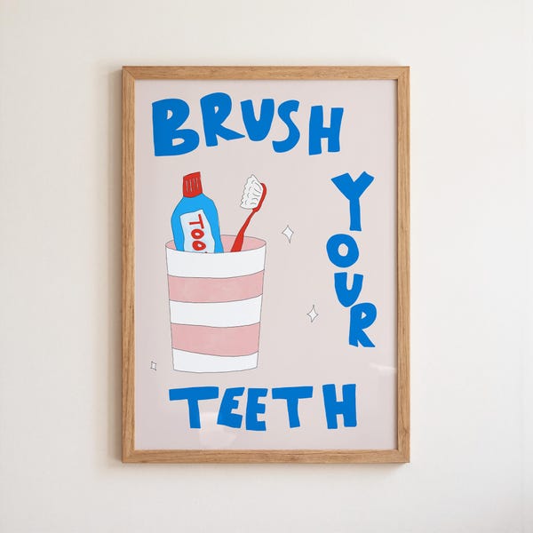 Zähneputzen Badezimmer Kunstdruck, Hand gezeichnetes Poster (gedruckt)