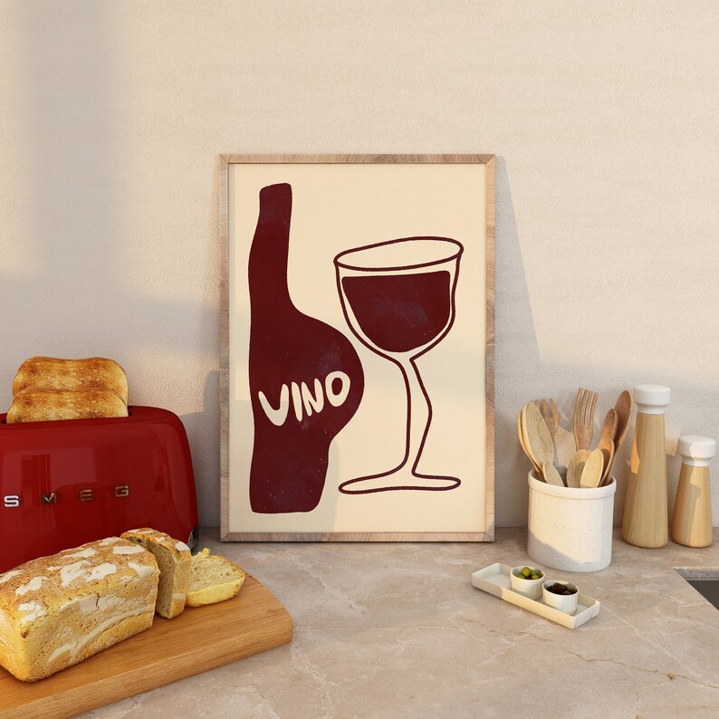 Vino Wall Art, Wine Glass and Bottle Art Print, Retro Cocktail Poster