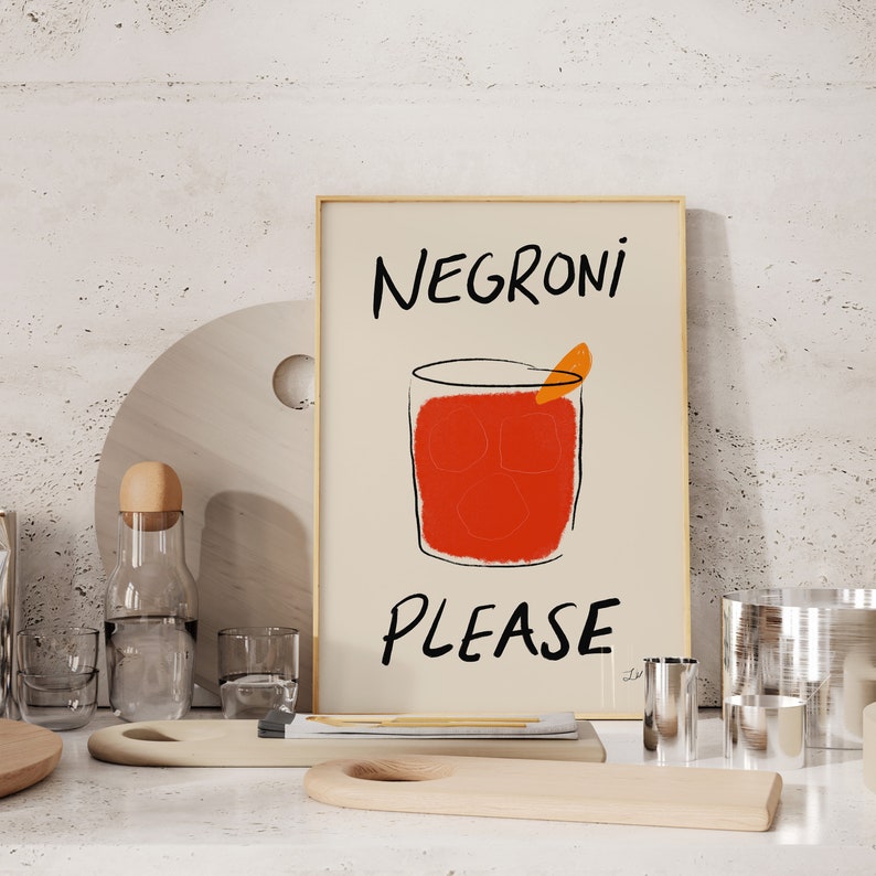 Negroni Please Print, Retro Drink Poster, Vintage Drink Print, Mid Century Print, Bar Cart Wall art, Bar Cart Print, Negroni Cocktail Wall Art, Kitchen Print, Apartment Decor, Retro Wall Art, Negroni Cocktail Poster, Alcohol Print, Modern Home Decor