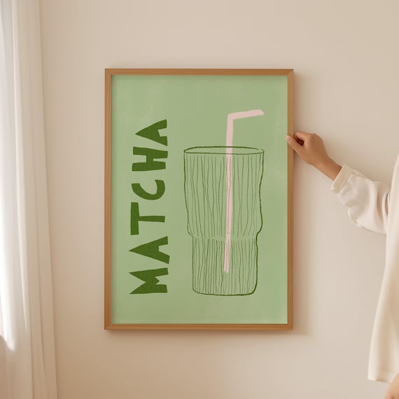 Matcha Poster, Retro Drink Poster, Caffe Poster, Matcha Latte Print, Trendy Green Print, Mid Century Print, Matcha Wall Art, Kitchen Print