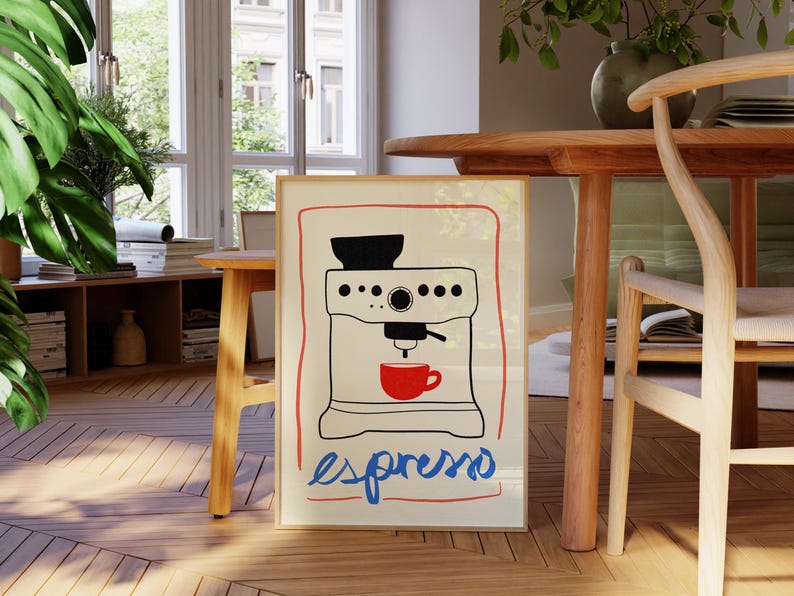 Hand Drawn Kitchen Print, Foodie Drawing, Moka Pot Art Print, Coffee Bar Poster, Hand Drawn Coffee Illustration, Mid Century Modern Kitchen Poster, Caffe Poster, Cafe Poster, Modern Kitchen Wall Art, Trendy Wall Art, Mid Century Modern Print