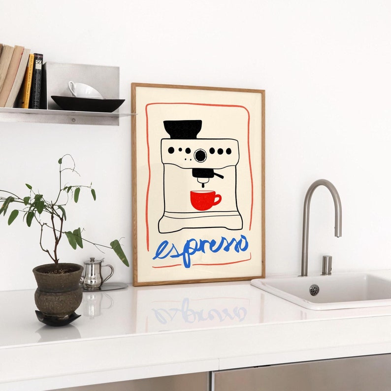 Hand Drawn Print, Retro Drink Art, Mid Century Print, Modern Kitchen Art, Line Drawing, Printable Art, Digital Download, Espresso Print, café decor, gift for coffee lover, barista present, coffee station art, espresso poster, Retro Coffee Print