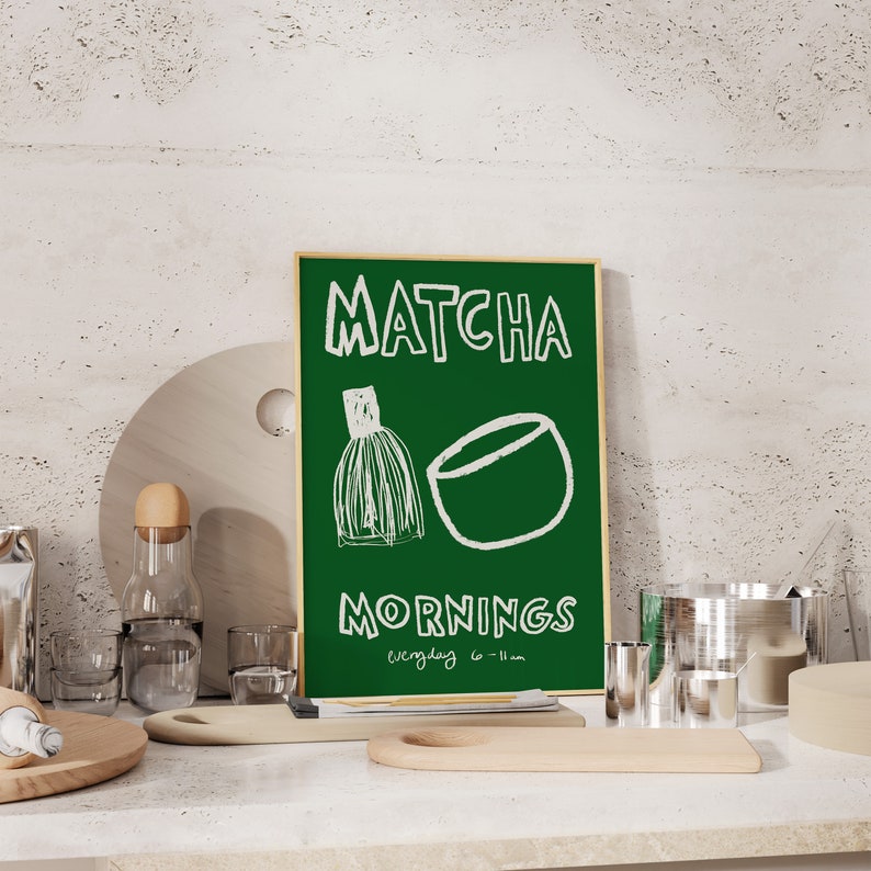 Retro Coffee Poster, Mid Century Print, Coffee Breakfast Poster, Modern Kitchen Art, Food Illustration, Funky Poster, Vintage Coffee Wall Art, Vintage Coffee Bar Art, Bar Cart Print, Hand Illustrated, Coffee Shop Decor, Green, Green Wall Art