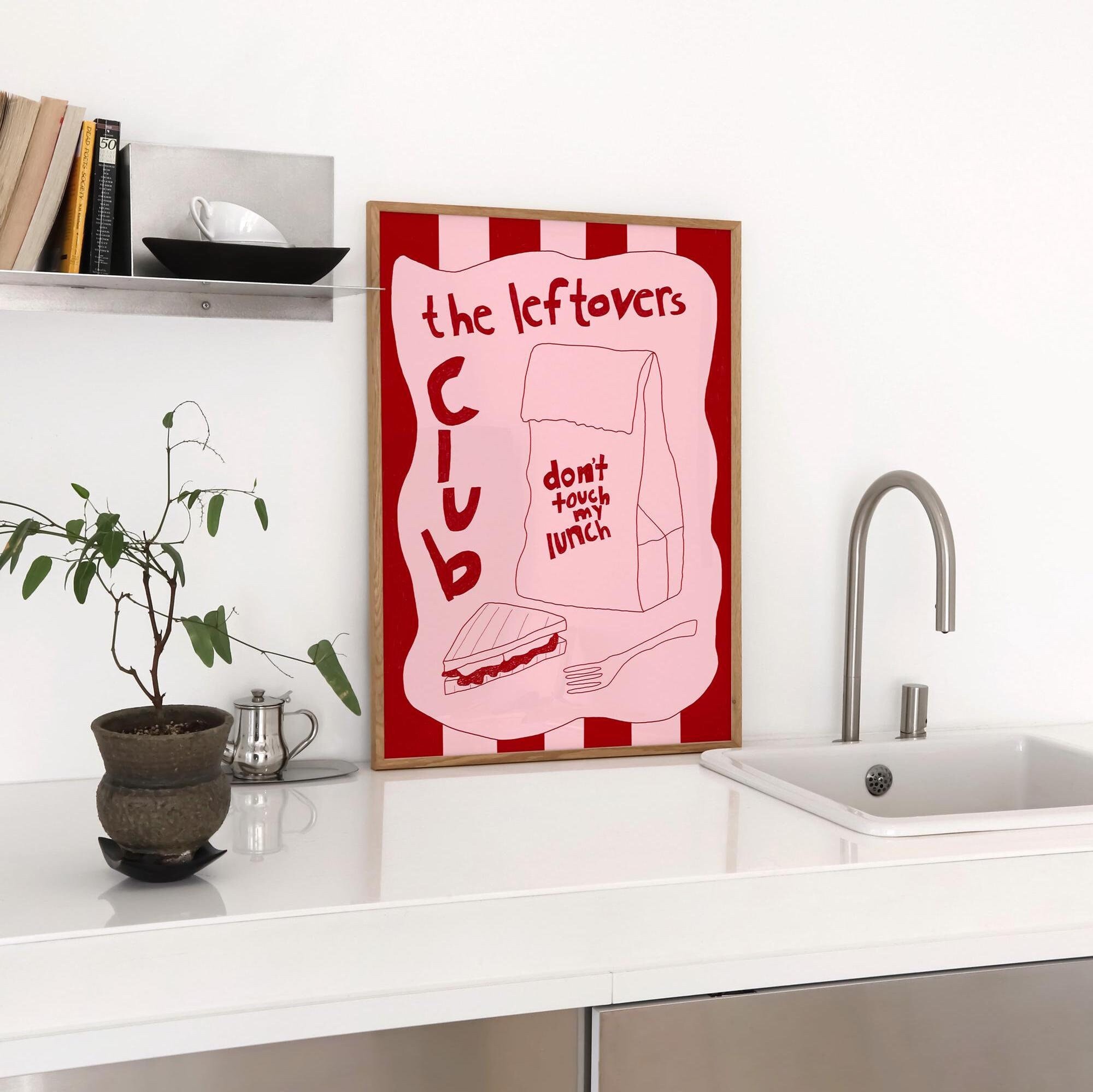 Leftovers Club Print, Food and Drink Print, Trendy Kitchen Wall Art, Trendy Pink Print, Lunch Poster, Retro Food Print, Hand Drawn Sketch