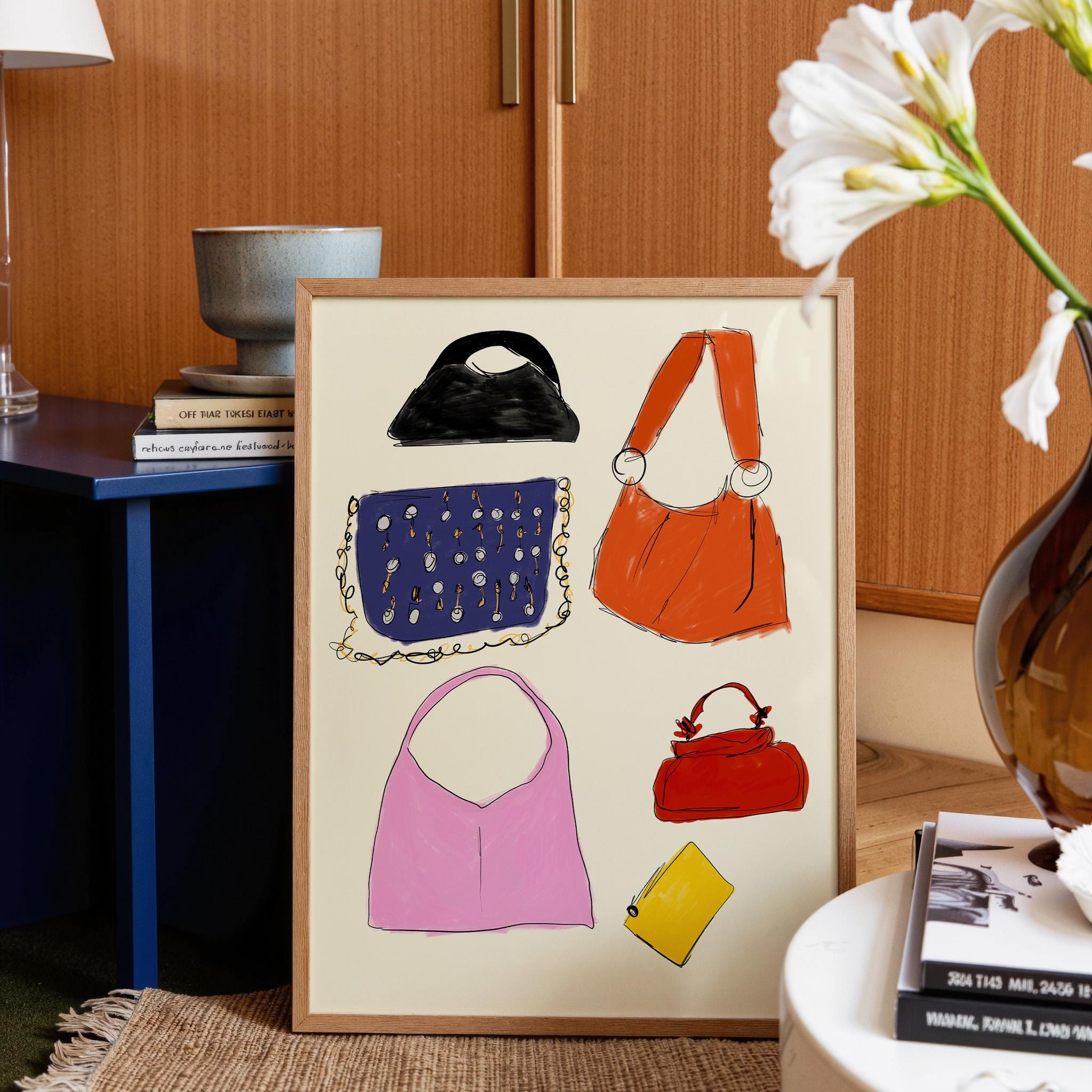 Ilustracja modowa z torebką, dekoracja pokoju Coquette (pobranie cyfrowe)