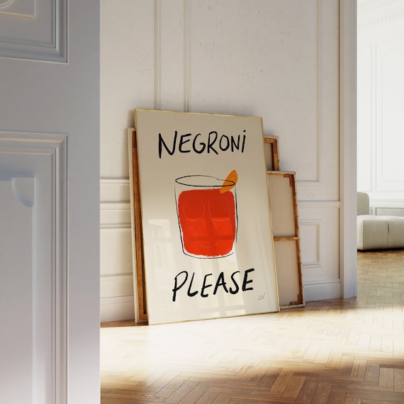 Negroni Please Print, Retro Drink Poster, Vintage Drink Print, Mid Century, Bar Cart Art, Negroni Cocktail Poster, Alcohol Print, Hand Drawn