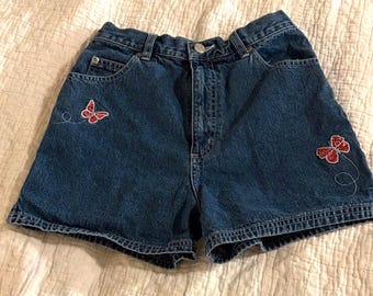 Vintage SO Jean Shorts Red Butterfly Embroidery, Y2K Denim Summer Shorts