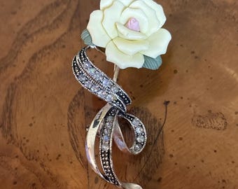 Vintage AVON Porcelain Sweet Yellow Rose Silver Tone & Rhinestone Brooch Pin