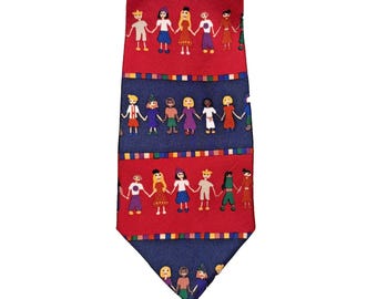 Save the Children Tie Men's Necktie Kids Holding Hands Red Blue Laura Age 14