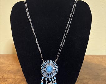 Vtg 80s Avon Nina Ricci Silvertone Turquoise Medallion Necklace Southwest Style