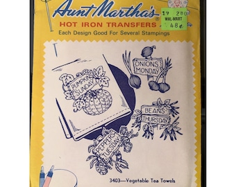 Vintage Aunt Martha’s #3403 Vegetable Iron-On Transfers NOS Kitchen Tea Towel Pattern
