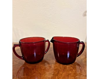 Vintage Anchor Hocking Royal Ruby Red Glass Sugar Bowl Creamer Set