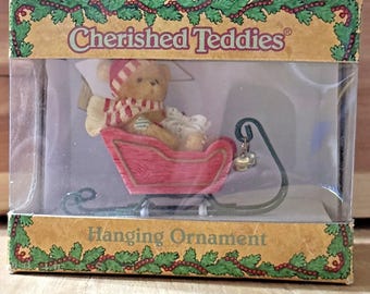 1995 Enesco Cherished Teddies Ornament, Bear in Sleigh, Resin Hanging Christmas Ornament, Vintage Holiday Decor, Collectible Gift