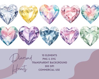 Diamond Heart Watercolor Clip Art | ClipArt Diamond Watercolor | Gift For Her | Sublimation Jewel Theme | SVG Diamond | Commercial Use SVG