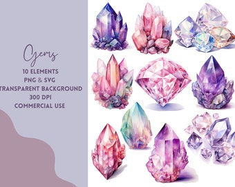 Gem Watercolor Clip Art | ClipArt Diamond Watercolor | Gift For Her | Sublimation Jewel Theme | SVG Diamond | Commercial Use SVG