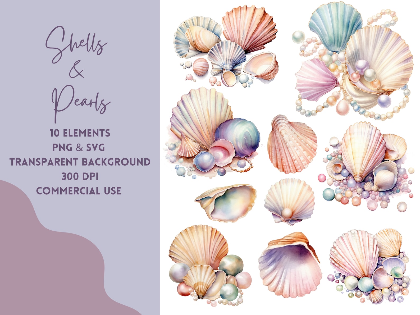 Shell Watercolor Clip Art Clipart Pearl Watercolor Gift for Her ...