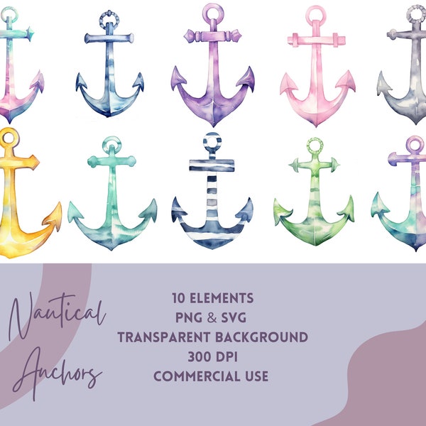 Nautical Watercolor Clip Art | ClipArt Anchor Watercolor | Gift For Her | Sublimation Sailing Theme | SVG Anchor | Commercial Use SVG