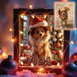 Kerst cartoon hond kat portret kunst aan de muur, gepersonaliseerde hond kat print, aangepast cadeau voor dierenliefhebbers, kerstcadeau, digitale download