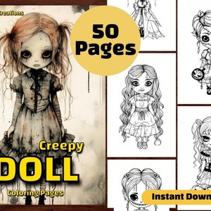 50 Creepy Doll Coloring Page Book, Halloween Creepy Chibi Horror, Printable PDF Sheets, Instant Download, Grayscale Coloring, Adults + Kids