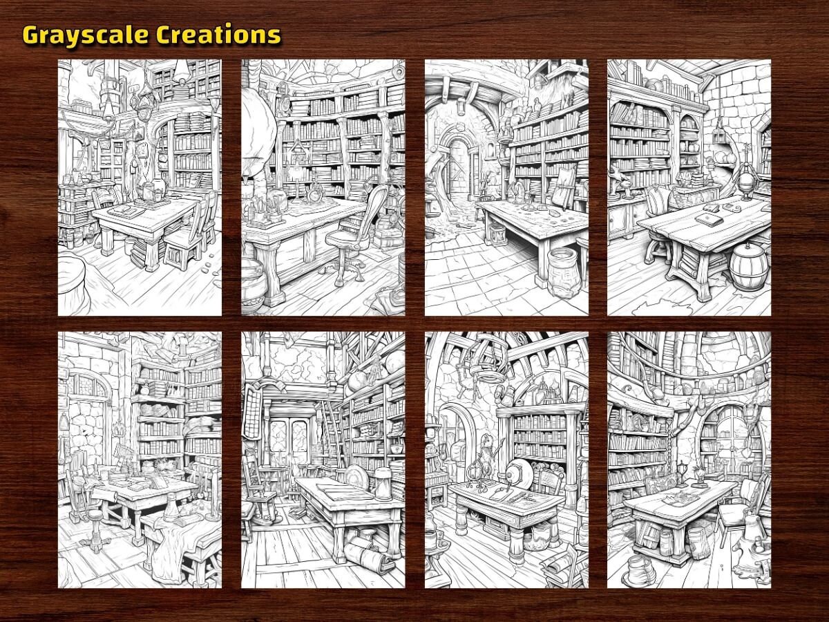 50 Wizard’s Study Coloring Page Book, Printable PDF Sheets, Instant ...