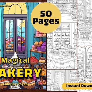 50 Magical Bakery Coloring Page Book, Printable PDF Sheet, Instant Download, Grayscale Coloring, Adults + Kids, Cakes Sweets Cupcakes Pastry