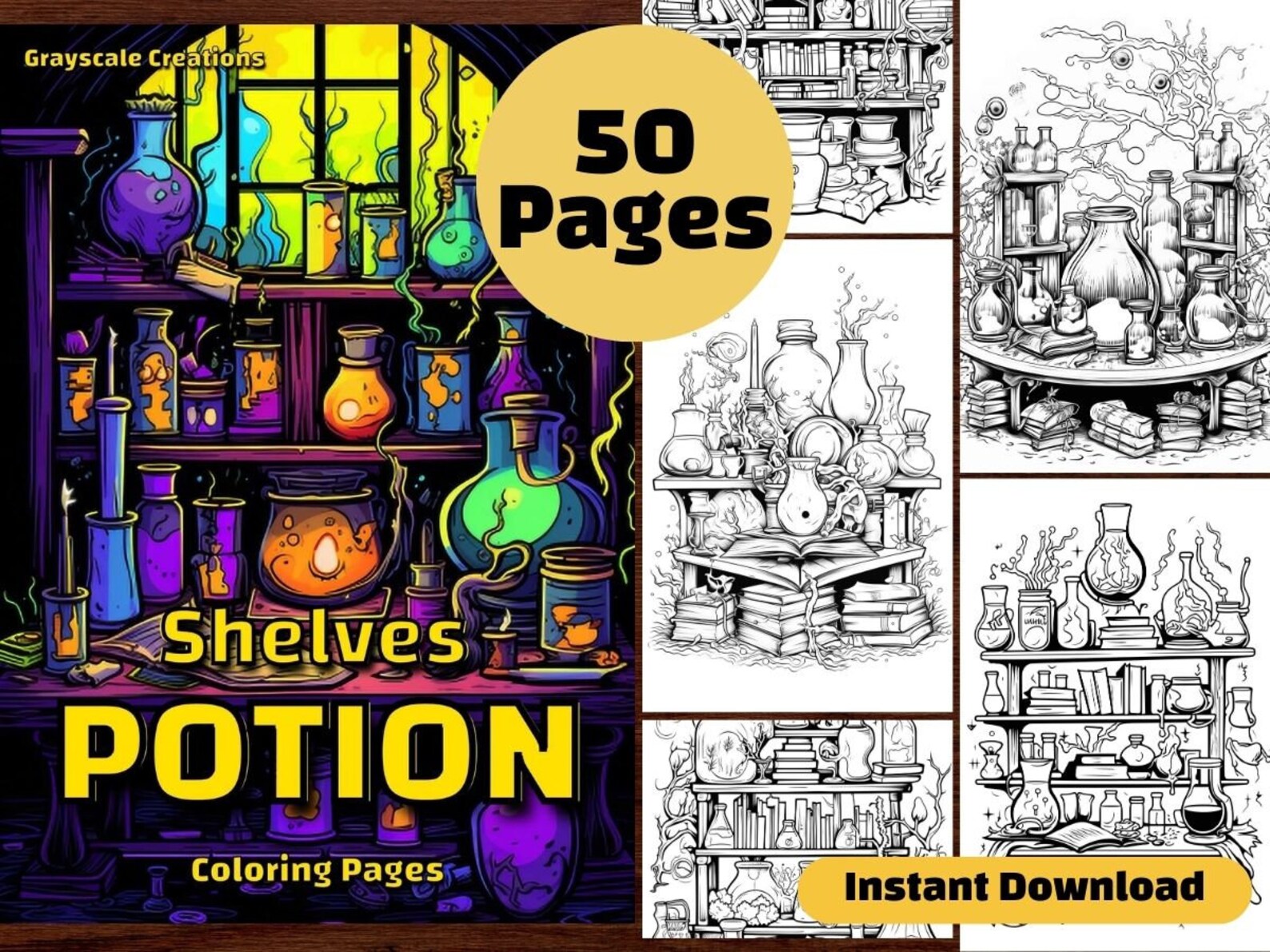 50 Magic Potion Shelves Coloring Page Book, Printable PDF Sheet ...