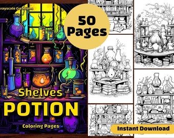 50 Magic Potion Shelves Coloring Page Book, Printable PDF Sheet, Instant Download, Grayscale Coloring, Adults + Kids, ADHD, Wizard Halloween