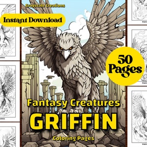 50 Griffin Kolorowanka Strona, Arkusze PDF do Wydruku, Natychmiastowe Pobieranie, Kolorowanki Skala Szarości, Dorośli + Dzieci, ADHD DND, Eagle Bird Phoenix
