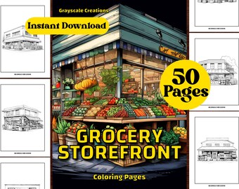 50 Grocery Storefront Coloring Page Book, House Interior Design, Printable PDF Sheets, Instant Download, Grayscale Coloring, Adults + Kids