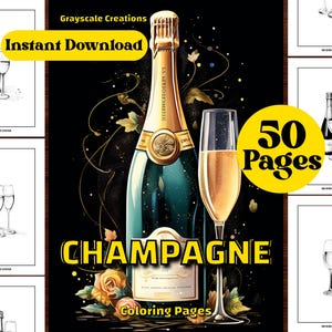 50 Champagne Coloring Page Book, Food Beverage Drink Culinary, Printable PDF Sheets, Instant Download, Grayscale, Adults + Kids