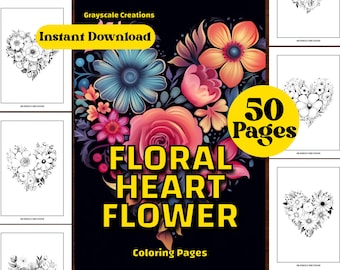 50 Blumen Herz Blumen Malseiten, Valentinstag Romanze, druckbare PDF-Seiten, sofortiger Download, Graustufen Färbung, Erwachsene + Kinder