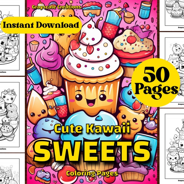 50 Sweet Treats Kawaii Cute Doodle Coloring Page Book, Printable PDF Sheet, Instant Download, Grayscale Coloring, Adults + Kids, ADHD cakes